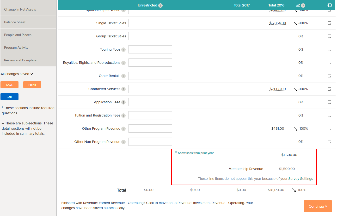 lines from prior year not included in current survey